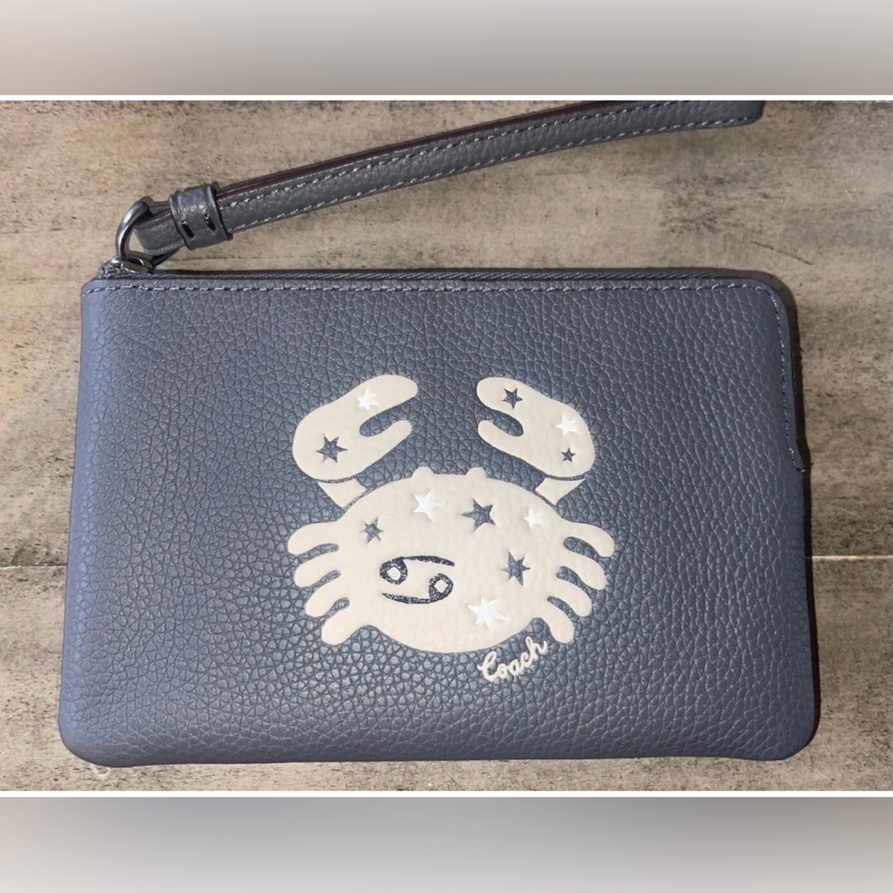 Coach zodiac cancer ♋️ Dark Gray Wristlet with Crab Motif EUC HTF